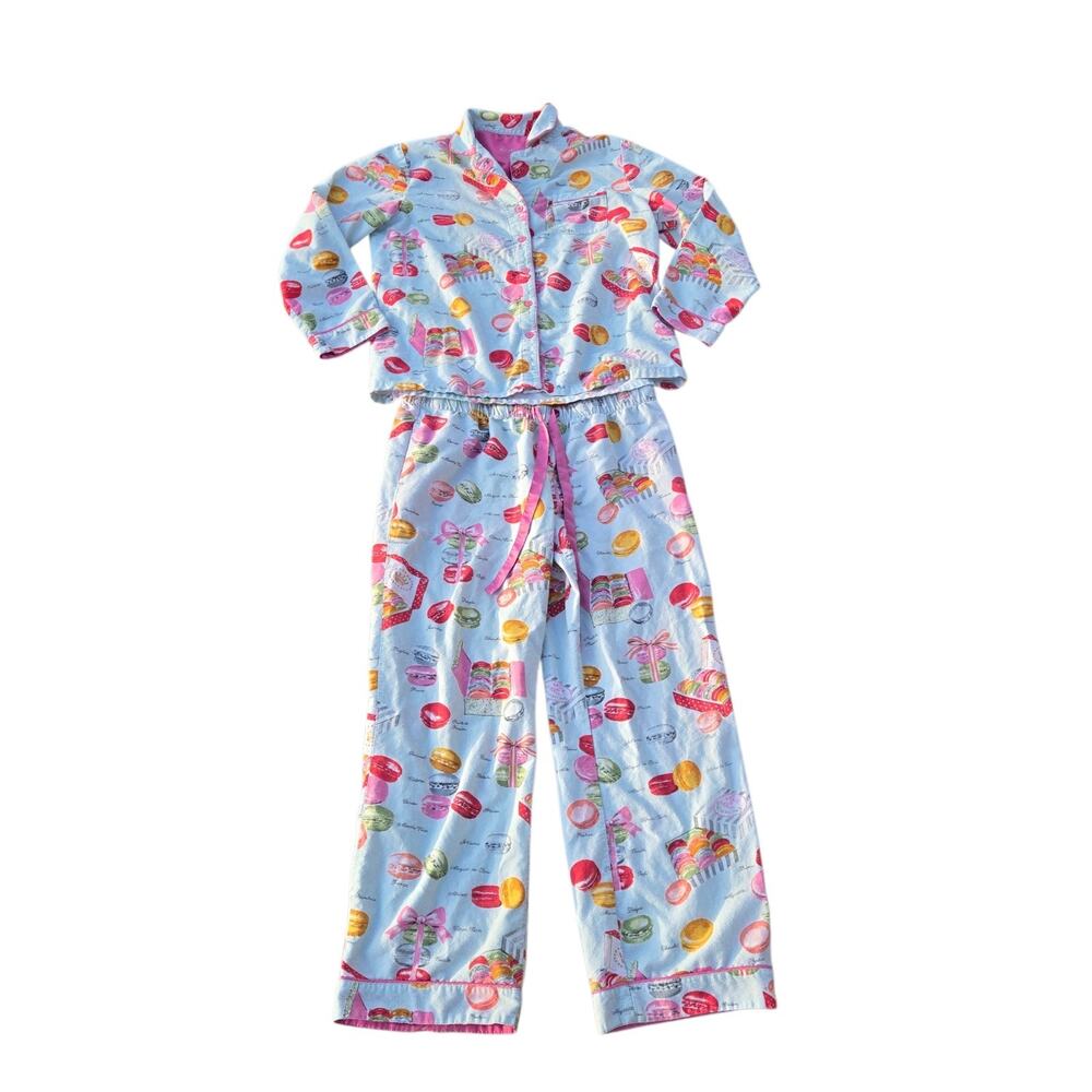 Nick & Nora JE T'AIME MACARON French Macaroon Cotton Flannel Pajama Set Sz Large